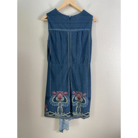 Anna Sui Womens 4 Blue Floral Sleeveless Dress V Neck Asymmetrical Hem - Picture 9 of 9